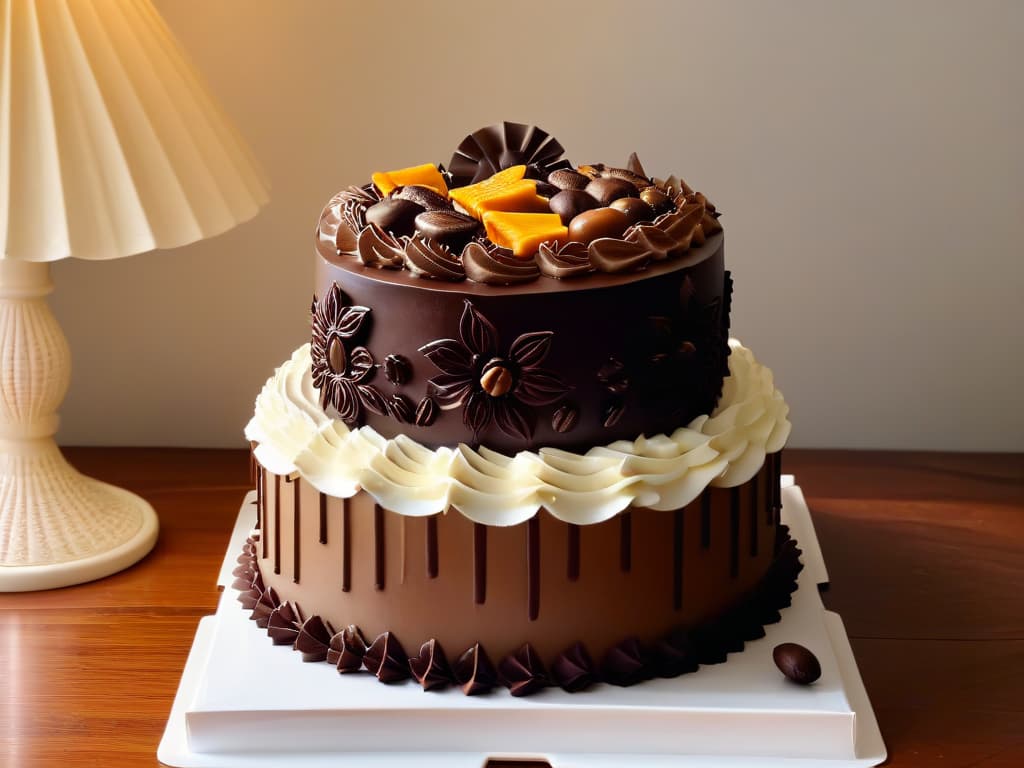  A highresolution image of a beautifully decorated cake with intricate designs made entirely from fair trade chocolate, coffee beans, and sugar, showcasing the artistry and delicious possibilities of using fair trade ingredients in baking. hyperrealistic, full body, detailed clothing, highly detailed, cinematic lighting, stunningly beautiful, intricate, sharp focus, f/1. 8, 85mm, (centered image composition), (professionally color graded), ((bright soft diffused light)), volumetric fog, trending on instagram, trending on tumblr, HDR 4K, 8K