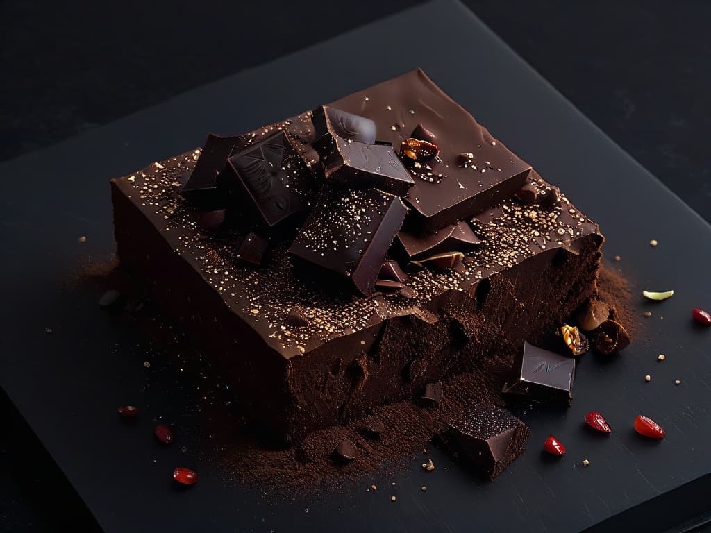  A closeup, ultradetailed image of dark chocolate chunks studded with crunchy cacao nibs, arranged on a sleek, matte black surface. The cacao nibs are glistening with a hint of oil, showcasing their texture and rich color. The lighting is soft yet highlights the contrast between the smooth chocolate and the rough nibs, creating a visually striking and minimalistic composition. hyperrealistic, full body, detailed clothing, highly detailed, cinematic lighting, stunningly beautiful, intricate, sharp focus, f/1. 8, 85mm, (centered image composition), (professionally color graded), ((bright soft diffused light)), volumetric fog, trending on instagram, trending on tumblr, HDR 4K, 8K