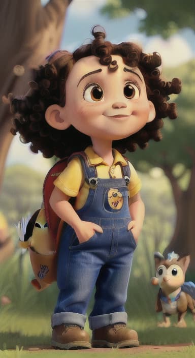  {Riley looking up at the tree with a big smile, animals surrounding them., Riley, a curious with big brown eyes and curly hair, wearing overalls and carrying a small backpack. Their friend, Skye, a bluebird with shiny feathers.