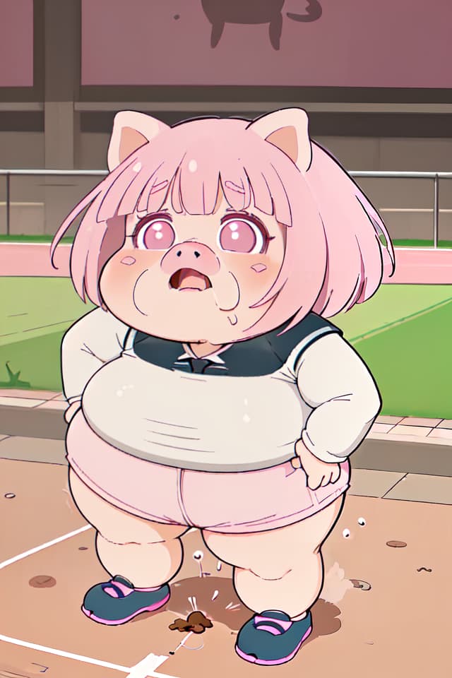  anthropomorphic furry cute pig girl、athletics uniform、extremely obese policewoman of pig girl:1.2、bright deep pink colored short hair、droopy bent pig's ears、ultra detailed plump & fat face、sprint down on the track、sweaty & troubled expression、💩、💩、