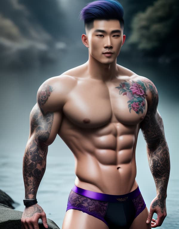  muscle, tattooed Chinese beautiful boy taking a in river with purple lace and white hair,  whole dorsal body，chest hair hyperrealistic, full body, detailed clothing, highly detailed, cinematic lighting, stunningly beautiful, intricate, sharp focus, f/1. 8, 85mm, (centered image composition), (professionally color graded), ((bright soft diffused light)), volumetric fog, trending on instagram, trending on tumblr, HDR 4K, 8K