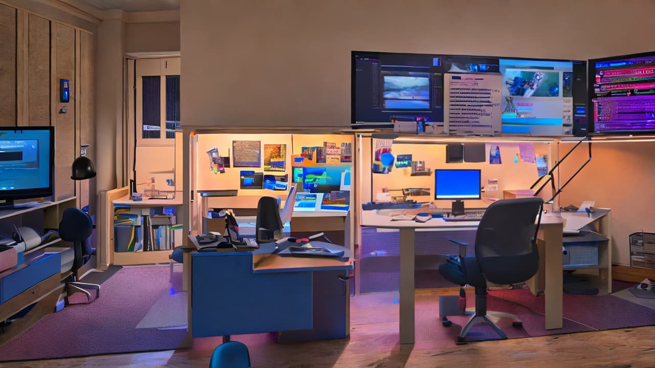  A serene home office at dusk, where the warm glow of a desk lamp illuminates a workspace filled with web design elements like vector graphics, wireframe models, and user interface components gently floating around the room. The central figure, a thoughtful web designer, gazes at a large, curved monitor that displays a beautifully crafted website. The mood is calm and focused, with intricate details in the icons and tools conveying a deep dedication to the craft. The style is to capture the Pixar-like essence of innovation and imagination, with a soft, smooth lighting setup that highlights the textures and colors of the room. The image should be a 4K UHD, perfectly suited for a hero image on a web design portfolio, inviting viewers into the  hyperrealistic, full body, detailed clothing, highly detailed, cinematic lighting, stunningly beautiful, intricate, sharp focus, f/1. 8, 85mm, (centered image composition), (professionally color graded), ((bright soft diffused light)), volumetric fog, trending on instagram, trending on tumblr, HDR 4K, 8K