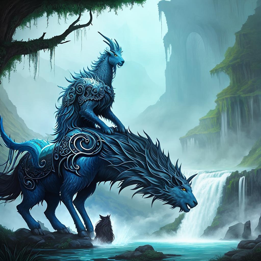  in a fantasy setting, Paint a surreal landscape where mythical beasts roam amidst cascading waterfalls.