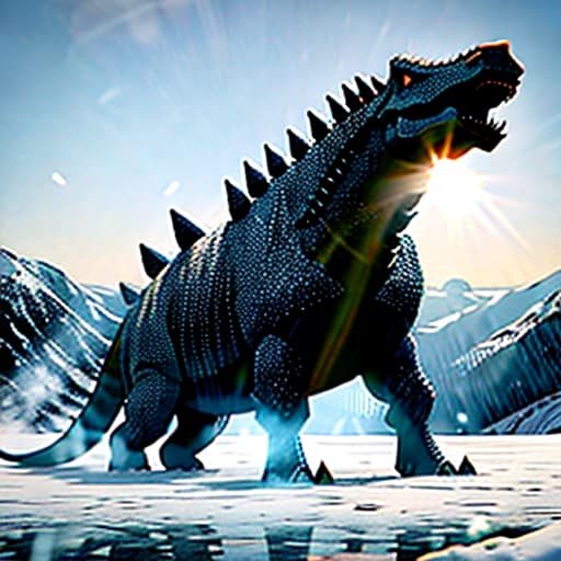  epic movie poster of a stegosaurus on a frozen lake hyperrealistic, full body, detailed clothing, highly detailed, cinematic lighting, stunningly beautiful, intricate, sharp focus, f/1. 8, 85mm, (centered image composition), (professionally color graded), ((bright soft diffused light)), volumetric fog, trending on instagram, trending on tumblr, HDR 4K, 8K