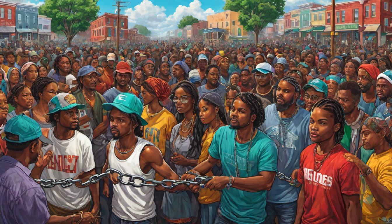  digital painting of Communities converging at the crossroads of hope, scales of justice balancing social equity, eradication of inequity visualized as chains breaking, unification under common goals, collective action, equitable vision, social justice in motion looking at viewer, dynamic pose, (intricate details, masterpiece, best quality)