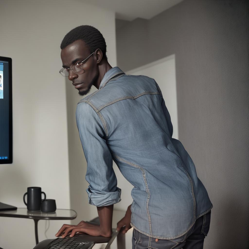  a slim African dark man looking at the screen