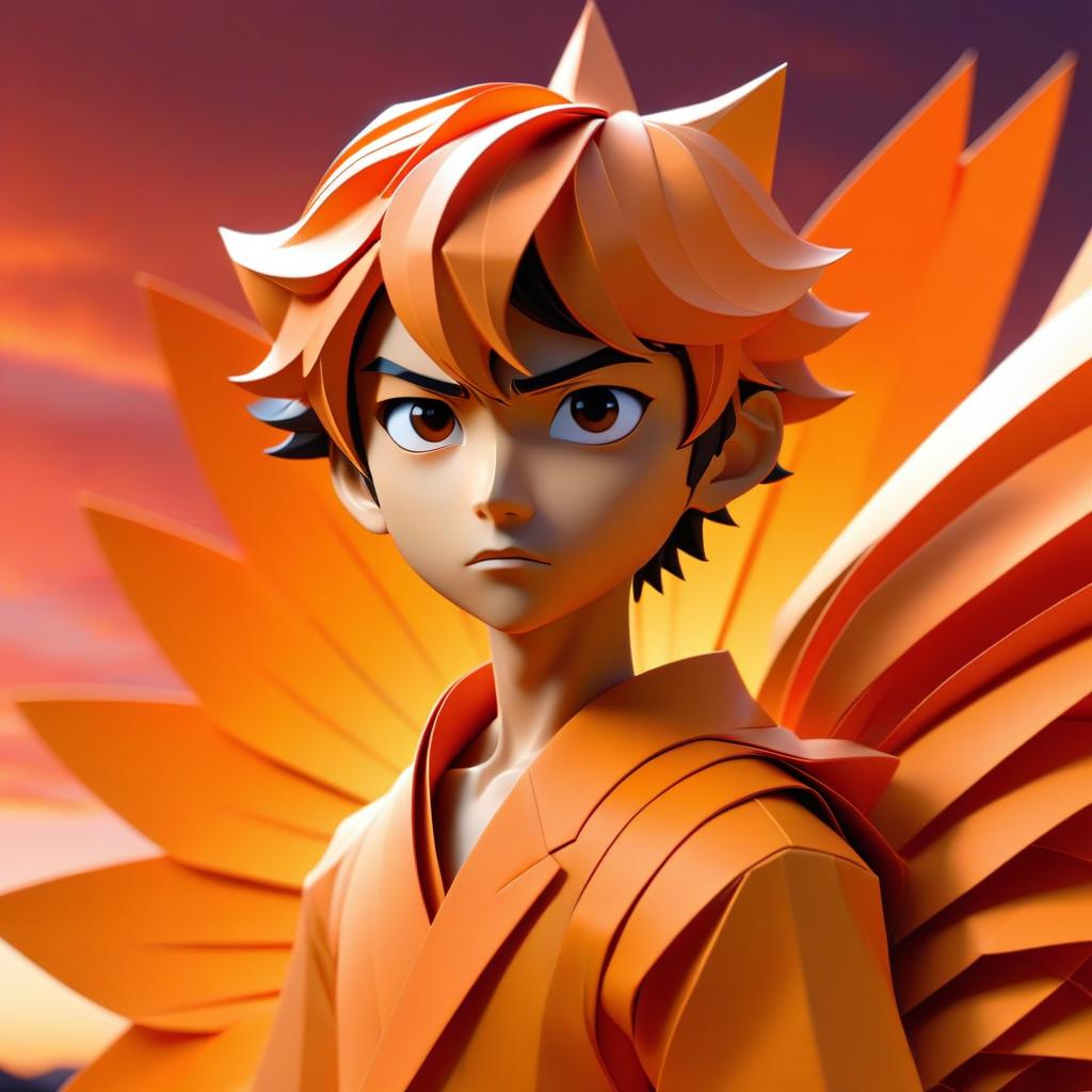  origami style a boy, in the anime film, colorful sunset, mandelbrot fractals, movie still of a tired, wlop loish and clamp style, orange color, walking over you, streaming, young boy, by Bian Shoumin, movie promotional image, sunset in the background . paper art, pleated paper, folded, origami art, pleats, cut and fold, centered composition hyperrealistic, full body, detailed clothing, highly detailed, cinematic lighting, stunningly beautiful, intricate, sharp focus, f/1. 8, 85mm, (centered image composition), (professionally color graded), ((bright soft diffused light)), volumetric fog, trending on instagram, trending on tumblr, HDR 4K, 8K