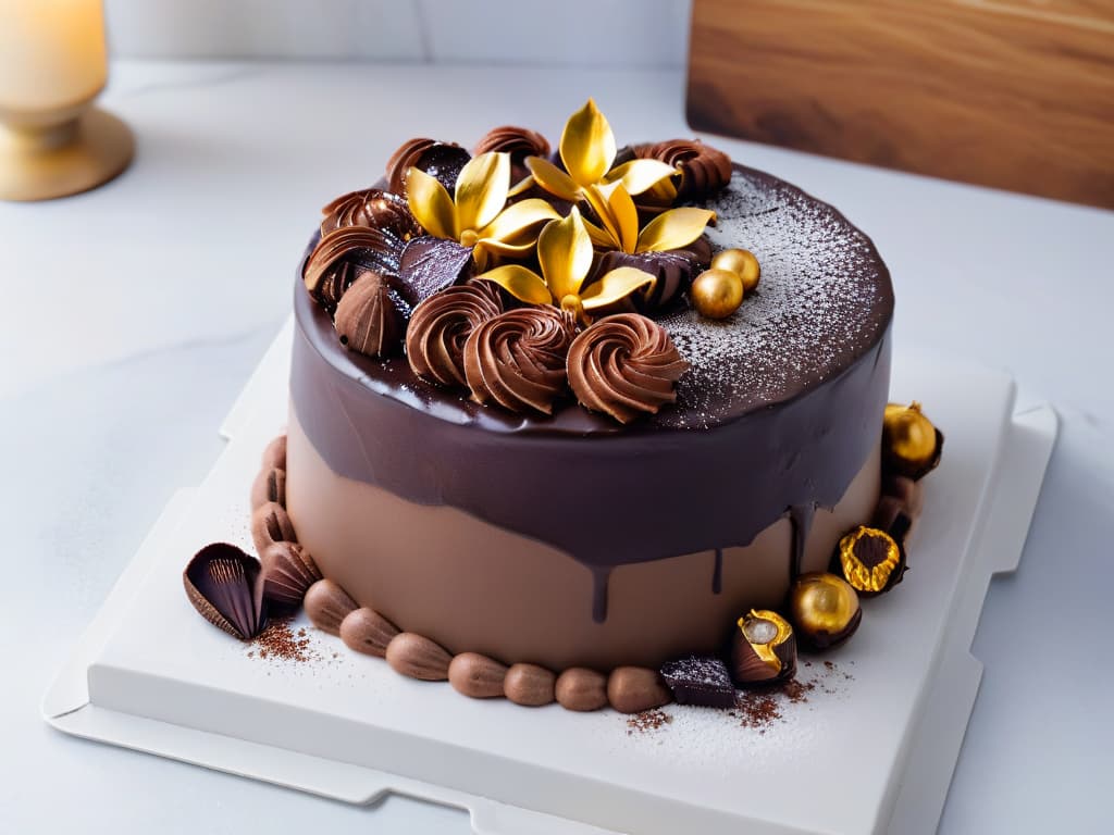  A closeup, photorealistic image of a decadent chocolate cake with glossy ganache icing, adorned with intricate chocolate curls and gold leaf accents. The cake sits on a sleek marble countertop, surrounded by scattered cocoa beans and a dusting of powdered sugar, creating a visually striking and tempting dessert masterpiece that embodies the essence of specialized pastry courses. hyperrealistic, full body, detailed clothing, highly detailed, cinematic lighting, stunningly beautiful, intricate, sharp focus, f/1. 8, 85mm, (centered image composition), (professionally color graded), ((bright soft diffused light)), volumetric fog, trending on instagram, trending on tumblr, HDR 4K, 8K