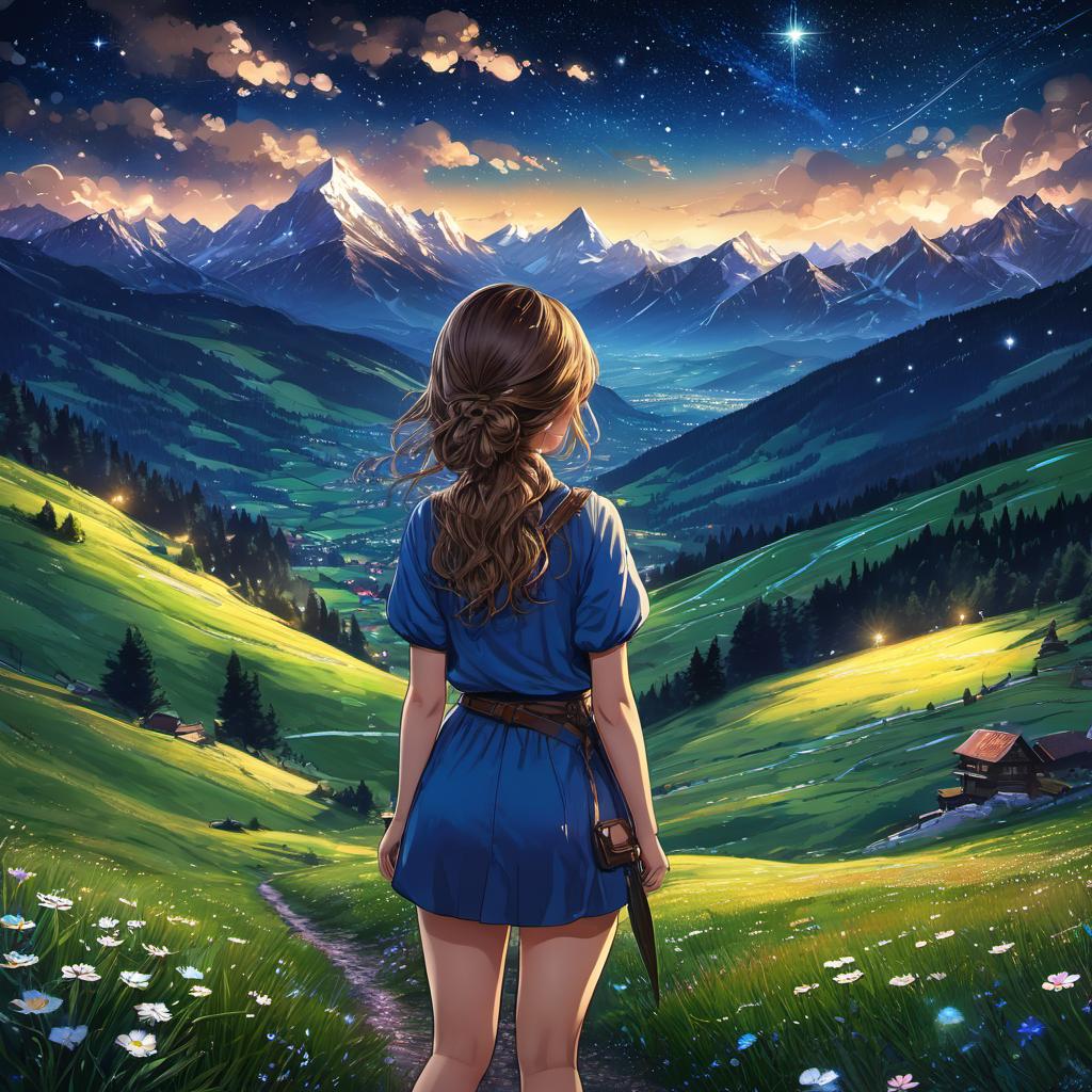  European girl, The view from behind, on the Alpine meadow, after rain, starry sky, clouds, vivid, highly detailed, anime style, hand-drawn, combined with digital art, night, whimsical, (enchanting atmosphere:1.1), warm lighting , depth of field, Wacom Cintiq, Adobe Photoshop, 300 DPI, (hdr:1.2), dark perple shadows