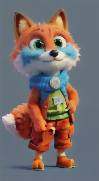  {Error the fox pressing the blue button with his paw, looking puzzled as nothing occurs., Error is a small, bright orange fox with a fluffy tail and big, inquisitive eyes. He has a mischievous yet kind expression and wears a tiny green scarf.