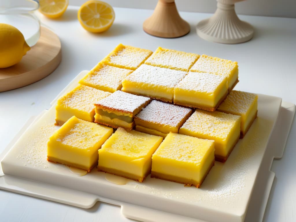  A closeup, highresolution image of freshly baked lemon bars arranged on a sleek, modern marble serving platter. The goldenbrown crust glistens under a soft, natural light, while the tangy lemon curd topping is delicately dusted with a fine layer of powdered sugar. The minimalist composition highlights the contrasting textures and vibrant colors of the dessert, exuding an air of sophistication and elegance. hyperrealistic, full body, detailed clothing, highly detailed, cinematic lighting, stunningly beautiful, intricate, sharp focus, f/1. 8, 85mm, (centered image composition), (professionally color graded), ((bright soft diffused light)), volumetric fog, trending on instagram, trending on tumblr, HDR 4K, 8K