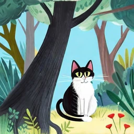  watercolor, storybook, child-book, A cute black and white cat with clear outlines, simple drawings of trees and a blue sky in the background, additional characters: black and white cat, best quality, very detailed, high resolution, sharp, sharp image hyperrealistic, full body, detailed clothing, highly detailed, cinematic lighting, stunningly beautiful, intricate, sharp focus, f/1. 8, 85mm, (centered image composition), (professionally color graded), ((bright soft diffused light)), volumetric fog, trending on instagram, trending on tumblr, HDR 4K, 8K