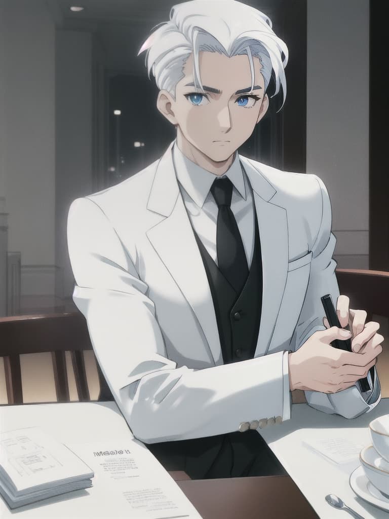  (masterpiece, best quality, anime cartoon man), (caucasian ethnicity, pale skin), young, wide body, blue eyes, slicked back hair, white hair, suit and shirt clothing, sitting at the dinner table in a fancy restaurant at night with dim lights  hyperrealistic, full body, detailed clothing, highly detailed, cinematic lighting, stunningly beautiful, intricate, sharp focus, f/1. 8, 85mm, (centered image composition), (professionally color graded), ((bright soft diffused light)), volumetric fog, trending on instagram, trending on tumblr, HDR 4K, 8K