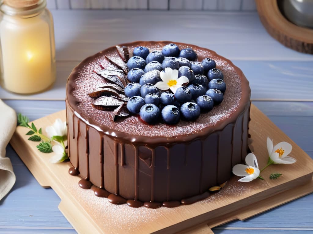  A photorealistic image of a decadent acai berry chocolate cake topped with vibrant blueberries, sliced almonds, and edible flowers, set on a rustic wooden table with soft natural lighting casting shadows, showcasing the rich colors and textures of the superfood ingredients. hyperrealistic, full body, detailed clothing, highly detailed, cinematic lighting, stunningly beautiful, intricate, sharp focus, f/1. 8, 85mm, (centered image composition), (professionally color graded), ((bright soft diffused light)), volumetric fog, trending on instagram, trending on tumblr, HDR 4K, 8K