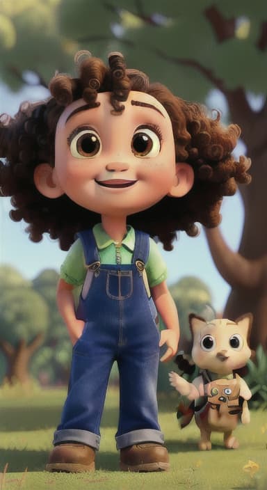  {Riley looking up at the tree with a big smile, animals surrounding them., Riley, a curious with big brown eyes and curly hair, wearing overalls and carrying a small backpack. Their friend, Skye, a bluebird with shiny feathers.