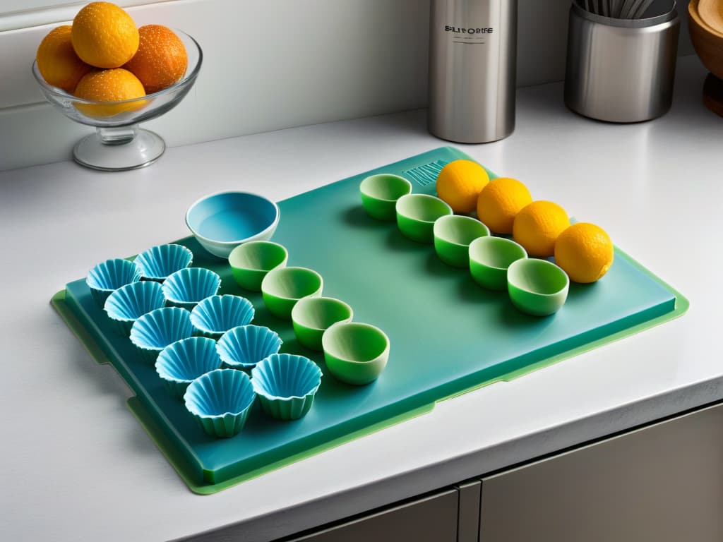  A highresolution, minimalist image featuring an array of colorful and intricately designed silicone baking molds neatly arranged on a sleek, modern kitchen countertop. Each mold showcases a unique shape and pattern, highlighting their innovative and versatile nature. The soft, natural lighting emphasizes the smooth, flexible texture of the silicone material, evoking a sense of professionalism and creativity in the realm of pastrymaking. hyperrealistic, full body, detailed clothing, highly detailed, cinematic lighting, stunningly beautiful, intricate, sharp focus, f/1. 8, 85mm, (centered image composition), (professionally color graded), ((bright soft diffused light)), volumetric fog, trending on instagram, trending on tumblr, HDR 4K, 8K