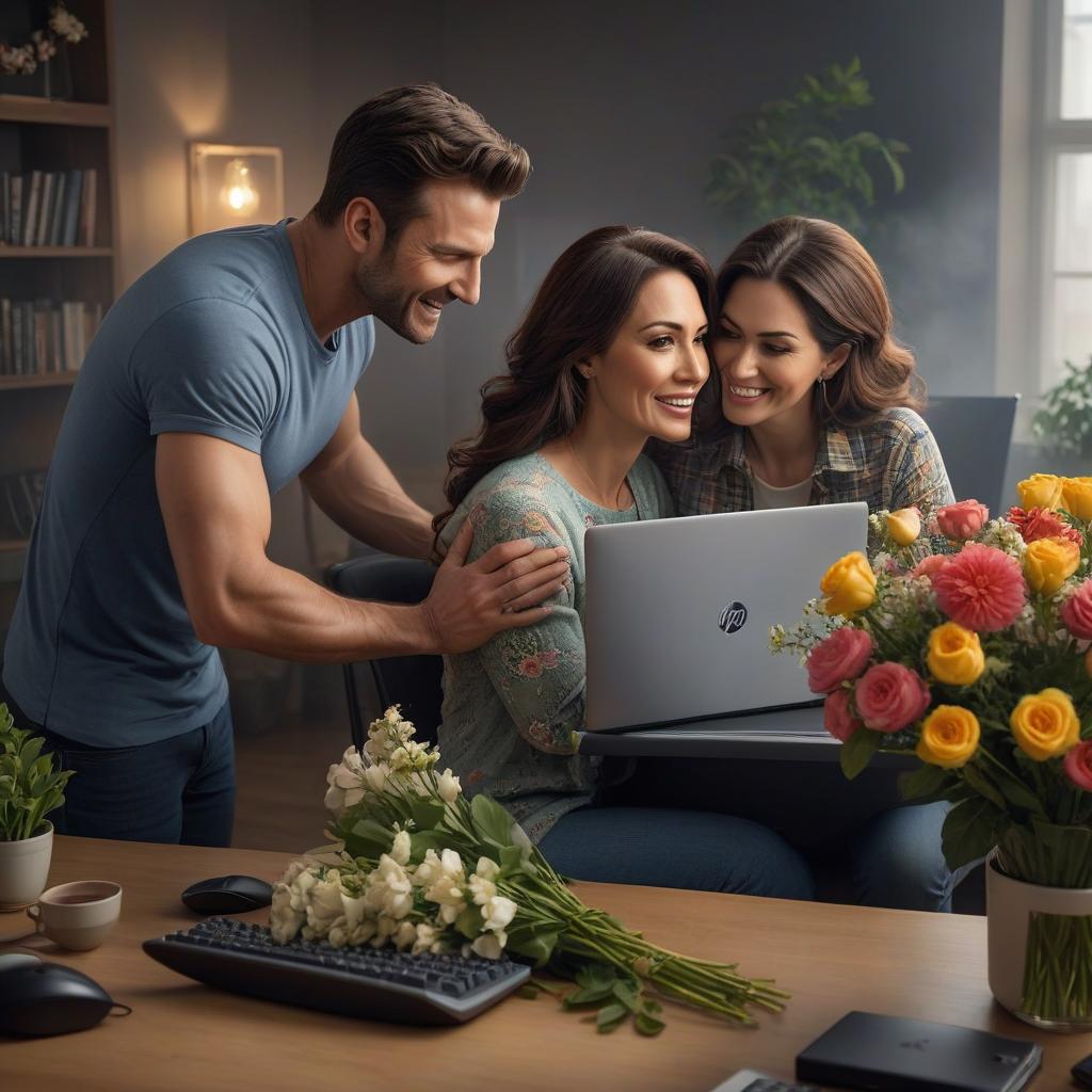  In the foreground, an offended woman looks at her husband, who is sitting with his back to her and playing at the computer. And in the background there are happy couples: one hugs, the other is given flowers. hyperrealistic, full body, detailed clothing, highly detailed, cinematic lighting, stunningly beautiful, intricate, sharp focus, f/1. 8, 85mm, (centered image composition), (professionally color graded), ((bright soft diffused light)), volumetric fog, trending on instagram, trending on tumblr, HDR 4K, 8K