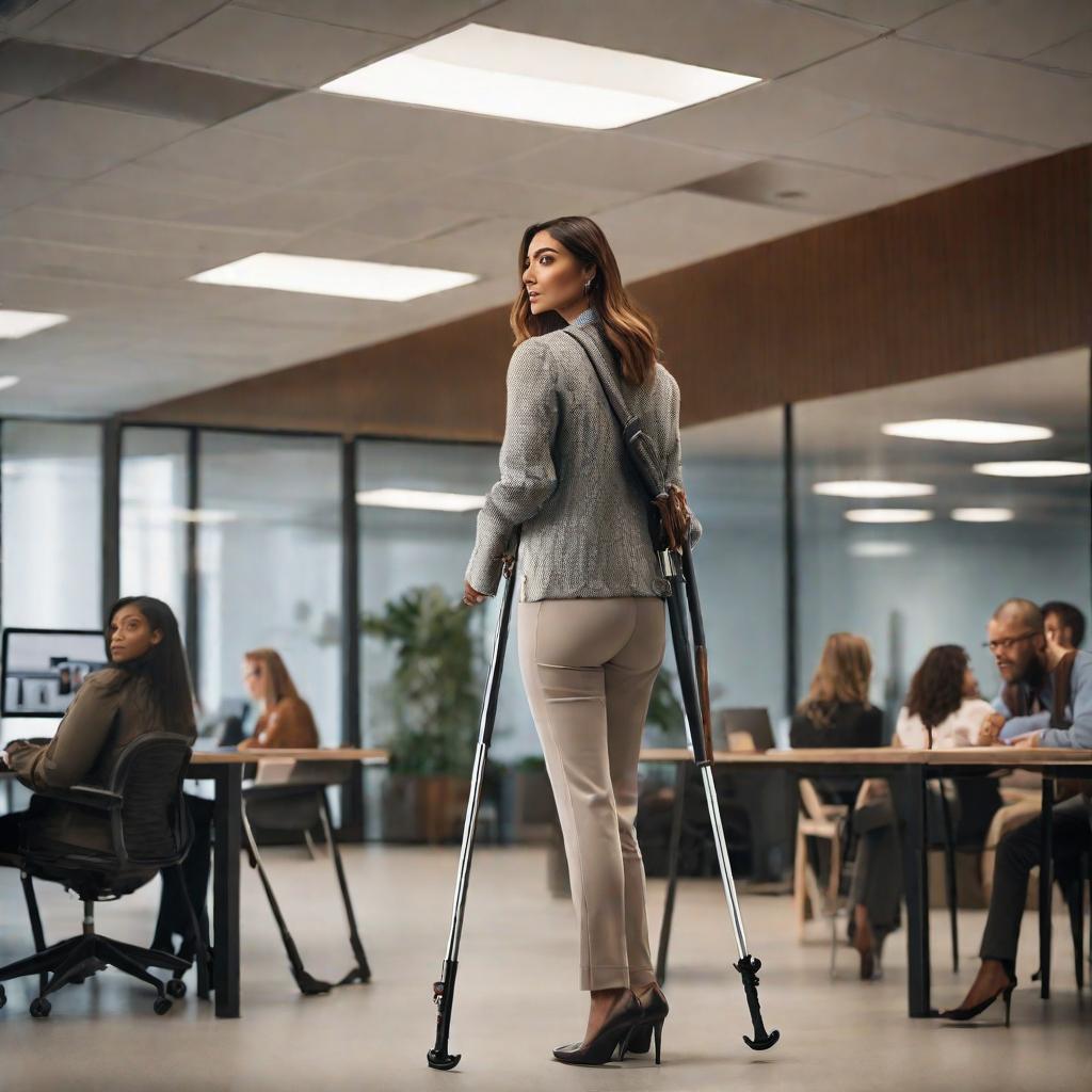  A photo of the back of a female person on crutches, talking to other people in an office hyperrealistic, full body, detailed clothing, highly detailed, cinematic lighting, stunningly beautiful, intricate, sharp focus, f/1. 8, 85mm, (centered image composition), (professionally color graded), ((bright soft diffused light)), volumetric fog, trending on instagram, trending on tumblr, HDR 4K, 8K