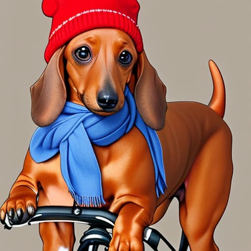  A dachshund riding a bicycle with a hat and mittens in a scarf