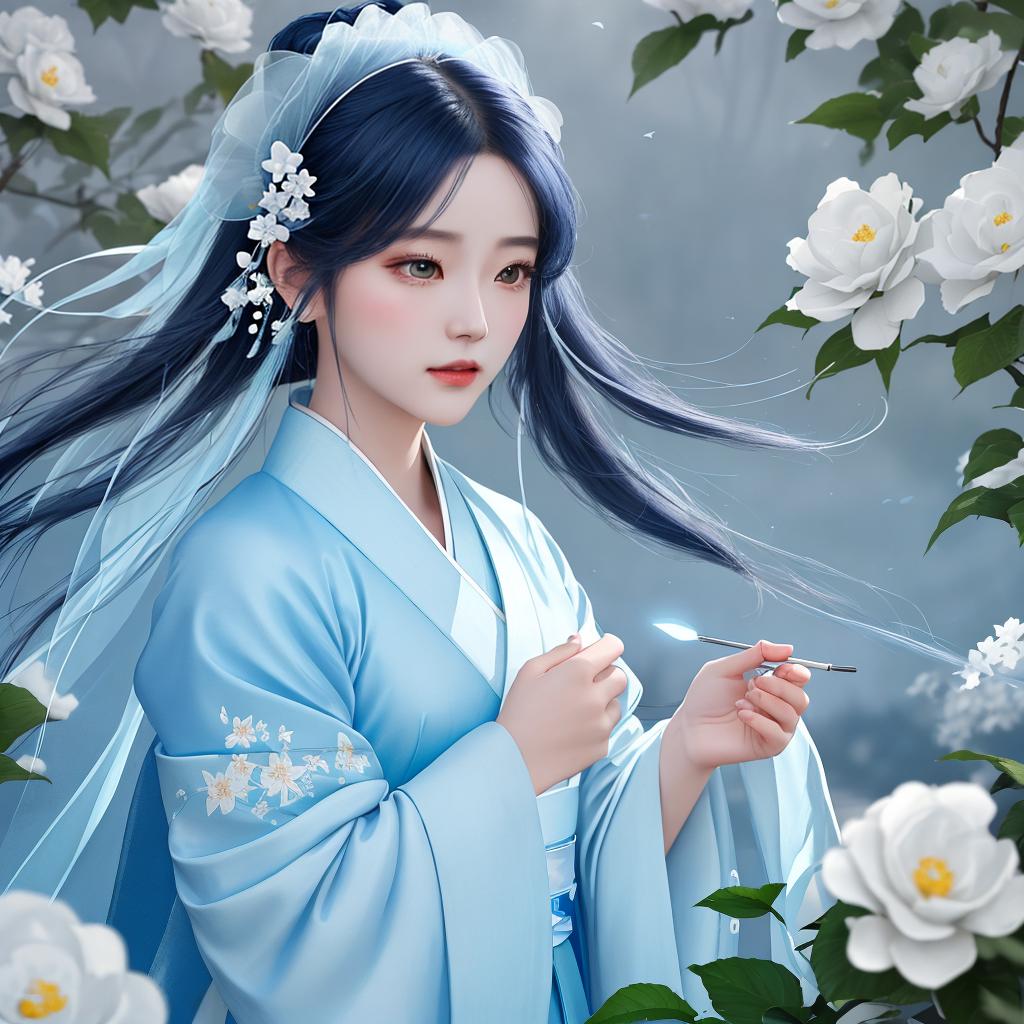  masterpiece, best quality, (Fidelity: 1.4), Best Quality, Masterpiece, Ultra High Resolution, Poster, Fantasy Art, Very Detailed Faces, 8k resolution, Chinese Style, An woman, Side Face, Quiet, Light Blue Hanfu, Tulle Coat, Long Black Hair, Light Blue Fringed Hair Ornament, Hairpin, White Ribbon, White Flower Bush, Light Blue Butterfly Flying, cinematic lighting effects