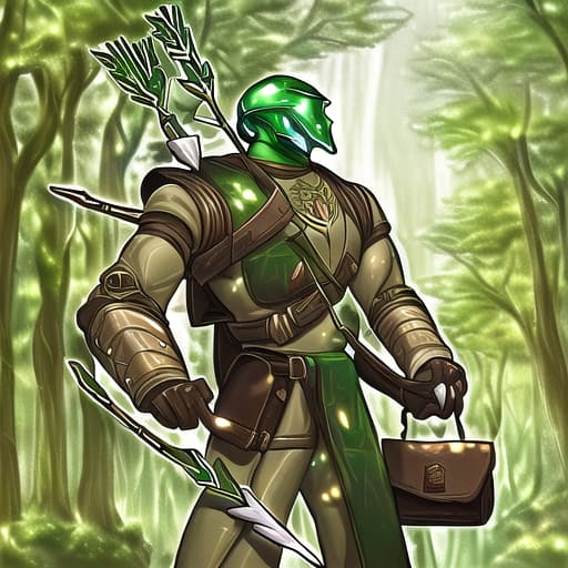  nature background warforged, his body fully is a tree body robot, behind him it's a large satchel bag, he holding a longbow in his hand, in large satchel bag is arrow, he wereing ranger clothes.