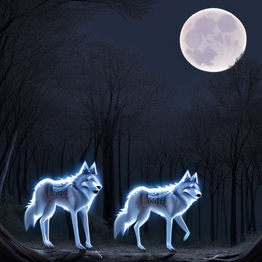  bosque nocturno con luna llena y wolf y ghost