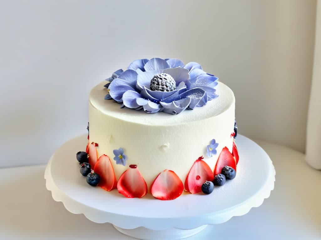  A minimalistic and elegant image of a beautifully decorated vegan cake, showcasing intricate details such as delicate frosting swirls, edible flowers, and perfectly placed berries. The cake is displayed on a simple white cake stand against a soft, blurred background, emphasizing the artistry and skill involved in vegan baking. hyperrealistic, full body, detailed clothing, highly detailed, cinematic lighting, stunningly beautiful, intricate, sharp focus, f/1. 8, 85mm, (centered image composition), (professionally color graded), ((bright soft diffused light)), volumetric fog, trending on instagram, trending on tumblr, HDR 4K, 8K