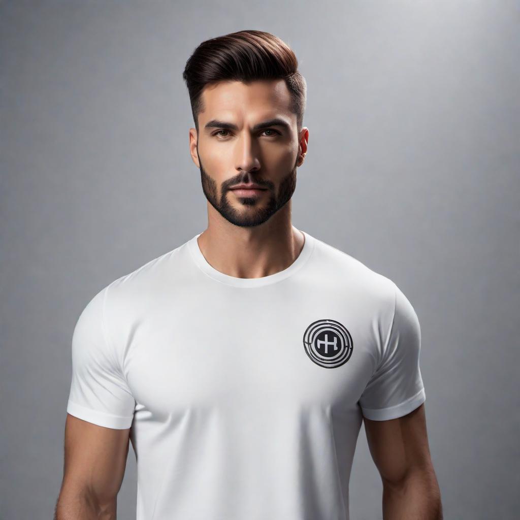  a stylish T-shirt with the logo as shown in the linked image, placed prominently on the chest area. hyperrealistic, full body, detailed clothing, highly detailed, cinematic lighting, stunningly beautiful, intricate, sharp focus, f/1. 8, 85mm, (centered image composition), (professionally color graded), ((bright soft diffused light)), volumetric fog, trending on instagram, trending on tumblr, HDR 4K, 8K