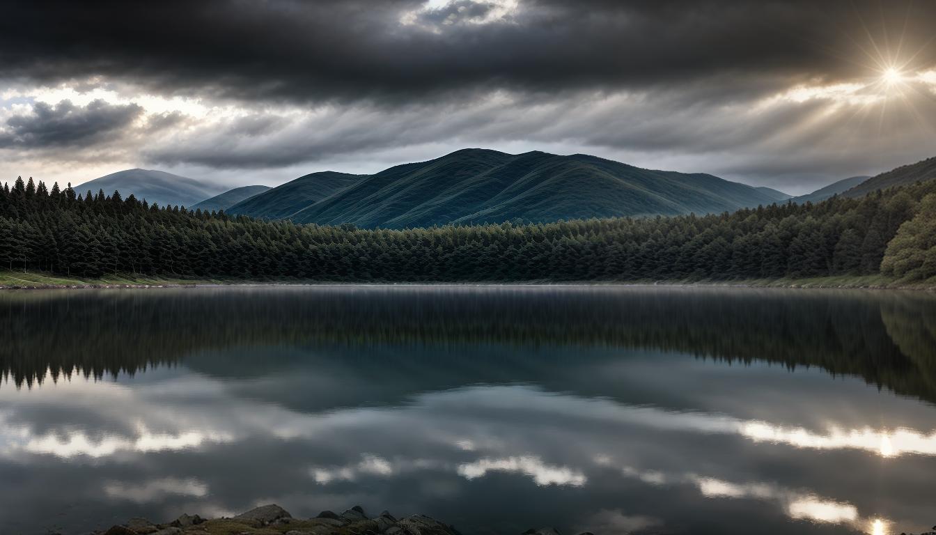  cinematic, aesthetic, A serene natural landscape, tranquil lake reflecting a cloudy sky, gently sloping hills in the distance, pause and calm, contemplative, stillness, 4k, HDR, lens flare