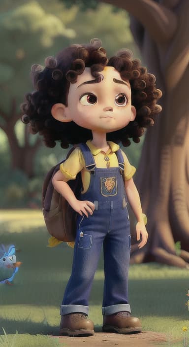  {Riley standing under the tree with eyes closed, making the wish., Riley, a curious with big brown eyes and curly hair, wearing overalls and carrying a small backpack. Their friend, Skye, a bluebird with shiny feathers.