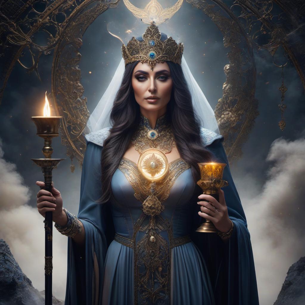  The Arcana High Priestess in Tarot. hyperrealistic, full body, detailed clothing, highly detailed, cinematic lighting, stunningly beautiful, intricate, sharp focus, f/1. 8, 85mm, (centered image composition), (professionally color graded), ((bright soft diffused light)), volumetric fog, trending on instagram, trending on tumblr, HDR 4K, 8K