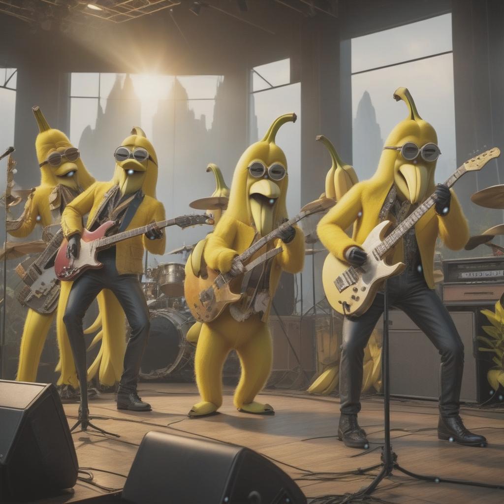  concept art A rock band consisting of banana people is playing a concert on stage with a view of the hall in full height. . digital artwork, illustrative, painterly, matte painting, highly detailed hyperrealistic, full body, detailed clothing, highly detailed, cinematic lighting, stunningly beautiful, intricate, sharp focus, f/1. 8, 85mm, (centered image composition), (professionally color graded), ((bright soft diffused light)), volumetric fog, trending on instagram, trending on tumblr, HDR 4K, 8K