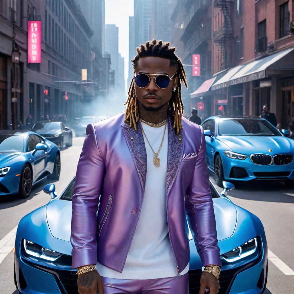  Create an artwork for a 'Gunna type beat,' characterizing the smooth trap aesthetics associated with the artist. The artwork should have a sleek and modern vibe with urban elements. Include motifs like high fashion, luxury, and a cool color palette of blues and purples to resonate with Gunna's style. hyperrealistic, full body, detailed clothing, highly detailed, cinematic lighting, stunningly beautiful, intricate, sharp focus, f/1. 8, 85mm, (centered image composition), (professionally color graded), ((bright soft diffused light)), volumetric fog, trending on instagram, trending on tumblr, HDR 4K, 8K