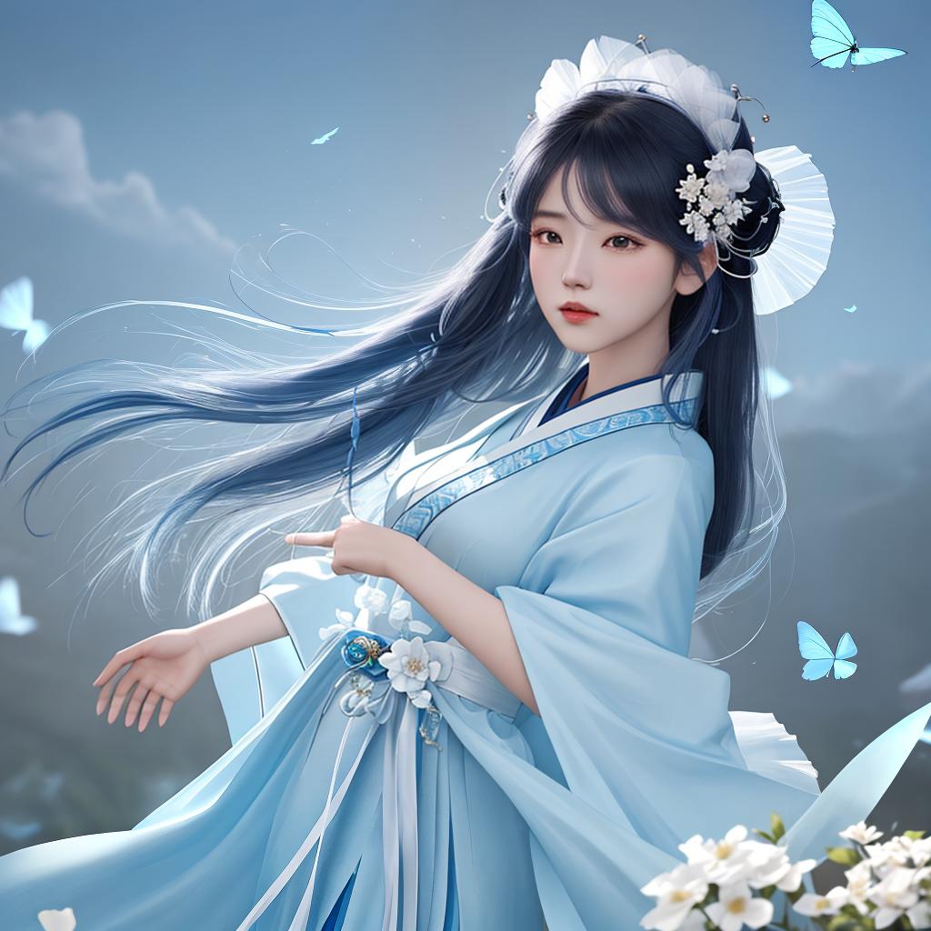  masterpiece, best quality, (Fidelity: 1.4), Best Quality, Masterpiece, Ultra High Resolution, Poster, Fantasy Art, Very Detailed Faces, 8k resolution, Chinese Style, An woman, Side Face, Quiet, Light Blue Hanfu, Tulle Coat, Long Black Hair, Light Blue Fringed Hair Ornament, Hairpin, White Ribbon, White Flower Bush, Light Blue Butterfly Flying, cinematic lighting effects