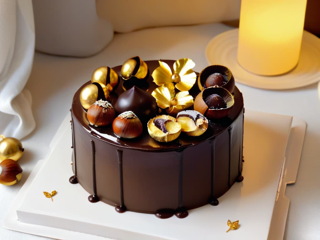  A closeup, ultradetailed image of a decadent chestnut and dark chocolate cake, topped with glossy glazed chestnuts and delicate gold leaf accents. The cake sits on a sleek, white minimalistic plate, showcasing the intricate layers of moist cake and rich ganache, exuding an air of sophistication and innovation in dessert craftsmanship. hyperrealistic, full body, detailed clothing, highly detailed, cinematic lighting, stunningly beautiful, intricate, sharp focus, f/1. 8, 85mm, (centered image composition), (professionally color graded), ((bright soft diffused light)), volumetric fog, trending on instagram, trending on tumblr, HDR 4K, 8K