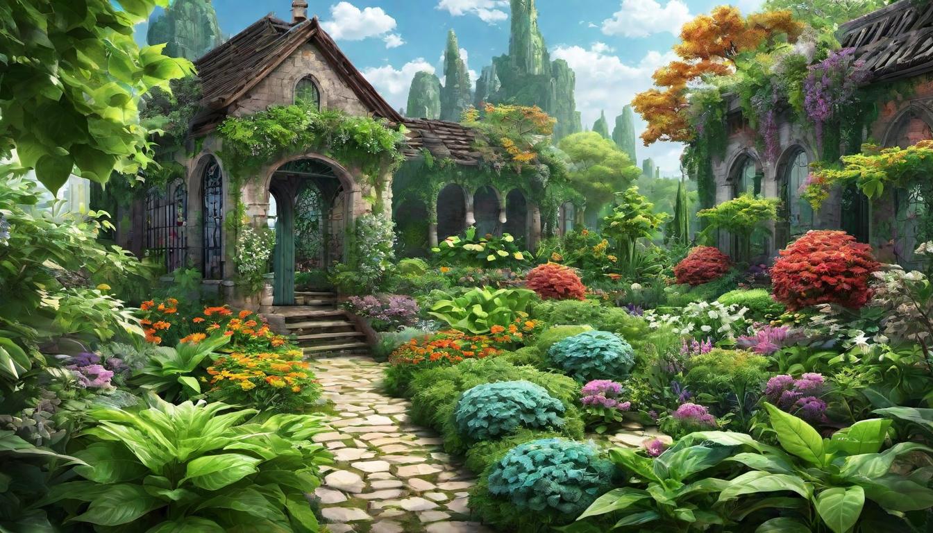  digital illustration A garden thriving in the midst of urban decay, symbolizing healthier, more harmonious lives through healing, rejuvenating, hopeful looking at viewer, dynamic pose, (intricate details, masterpiece, best quality)