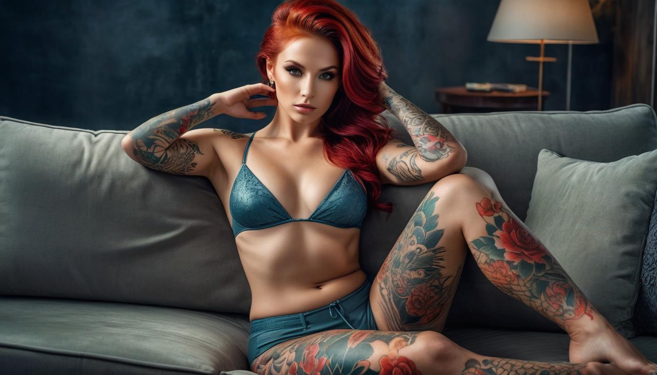  HDR photo of , (masterpiece, high quality, texturing: 1.3), double exposure, glamorous , colored tattoos, голая грудь 3 размера bare s, HDR, 4k beautiful full length Olympic woman lying on the couch, red hair, in a tight jumpsuit, fiery lady , helmet in the right hand, spaceship, 8K, trending on artstation, sharpness, studio photo, complex design, high detail, . High dynamic range, vivid, rich details, clear shadows and highlights, realistic, intense, enhanced contrast, highly detailed hyperrealistic, full body, detailed clothing, highly detailed, cinematic lighting, stunningly beautiful, intricate, sharp focus, f/1. 8, 85mm, (centered image composition), (professionally color graded), ((bright soft diffused light)), volumetric fog, trending on instagram, trending on tumblr, HDR 4K, 8K