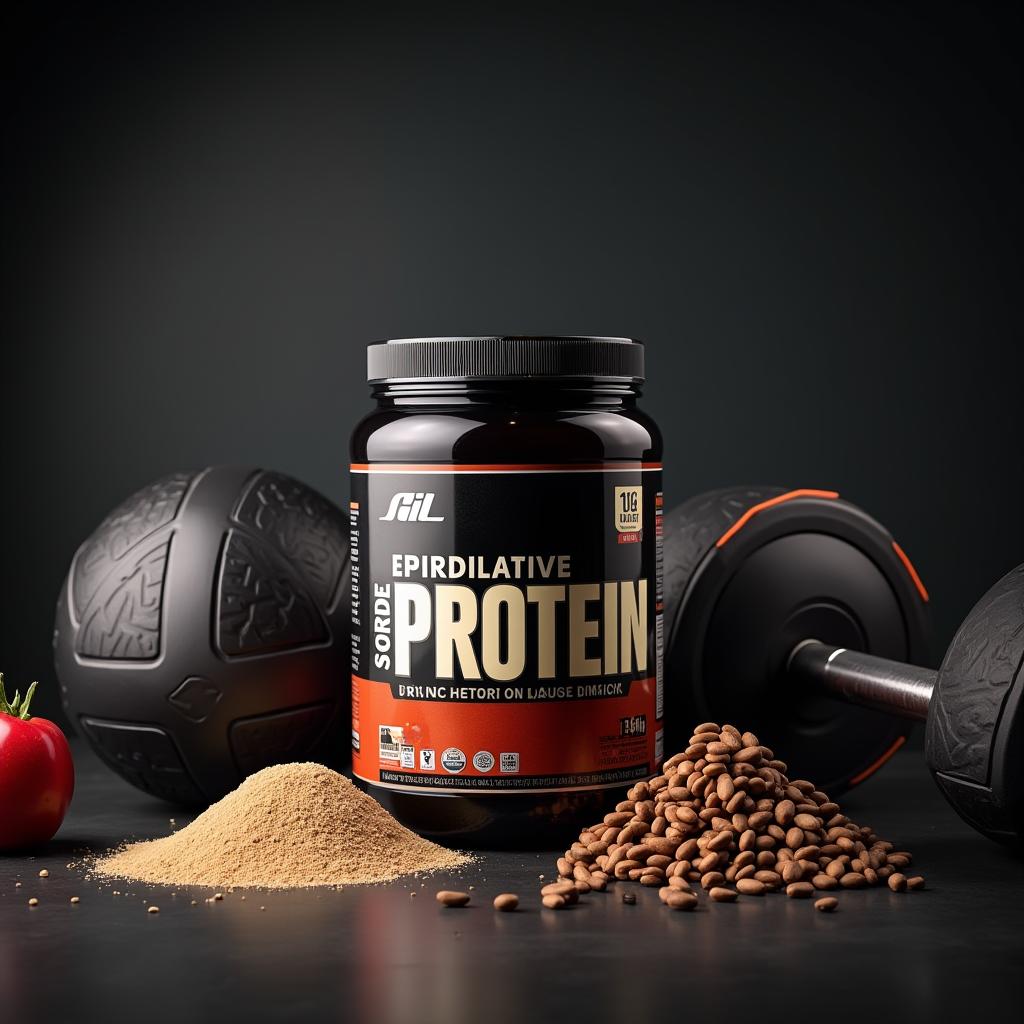  in a style of a advertising poster of a product, i need a nice jar of protein surrounded by sports equipment., professional, modern, product focused, commercial, eye catching, highly detailed, studio lighting, ads poster