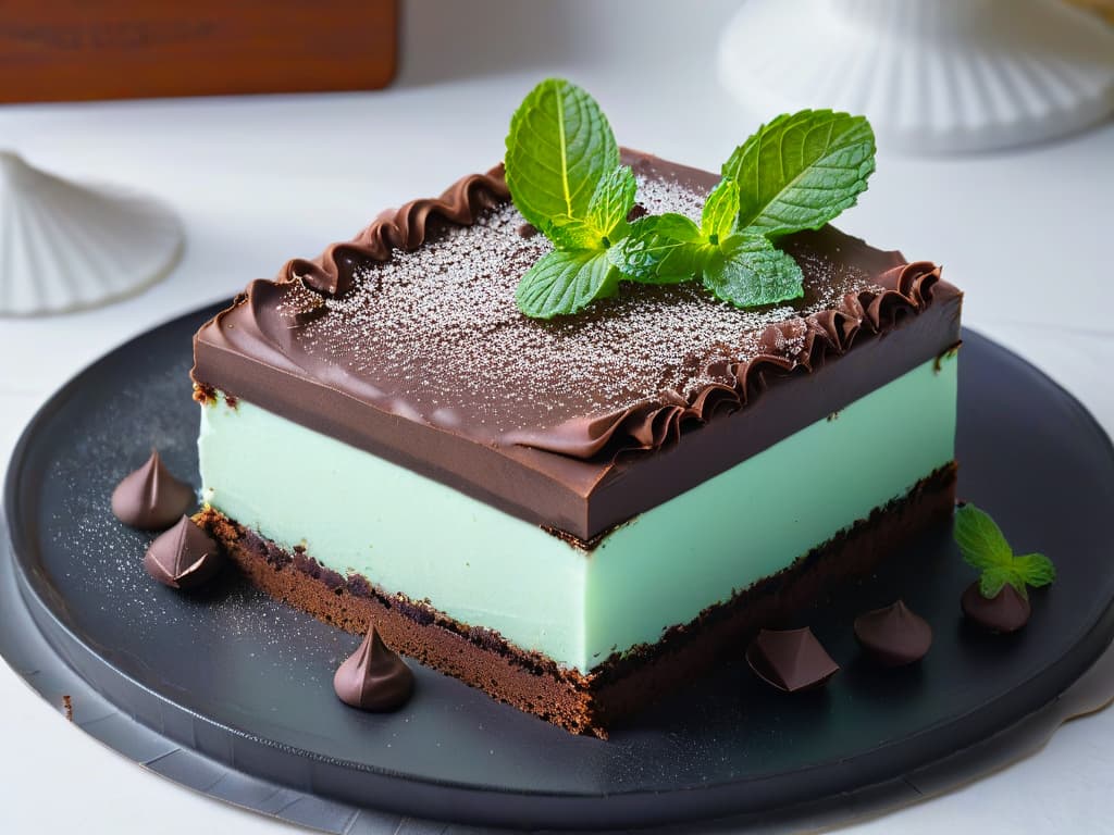  An ultradetailed image of a perfectly sliced Peppermint Slice dessert positioned on a sleek, matte black plate. The dessert showcases layers of rich, dark chocolate ganache and vibrant green mint filling, topped with delicate chocolate shavings and a fresh mint leaf. The lighting is soft, casting a gentle glow on the glossy surface of the dessert, emphasizing its textures and inviting the viewer to indulge in its refreshing flavors. hyperrealistic, full body, detailed clothing, highly detailed, cinematic lighting, stunningly beautiful, intricate, sharp focus, f/1. 8, 85mm, (centered image composition), (professionally color graded), ((bright soft diffused light)), volumetric fog, trending on instagram, trending on tumblr, HDR 4K, 8K