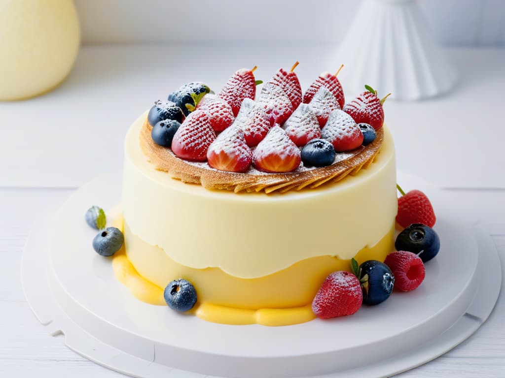  A closeup, ultradetailed image of a perfectly balanced dessert composed of layers of delicate sponge cake, smooth vanilla custard, and fresh berries, all topped with a glossy mirror glaze. The vibrant colors of the fruits pop against the creamy backdrop, showcasing the harmonious blend of textures and flavors in a visually striking and minimalistic presentation. hyperrealistic, full body, detailed clothing, highly detailed, cinematic lighting, stunningly beautiful, intricate, sharp focus, f/1. 8, 85mm, (centered image composition), (professionally color graded), ((bright soft diffused light)), volumetric fog, trending on instagram, trending on tumblr, HDR 4K, 8K