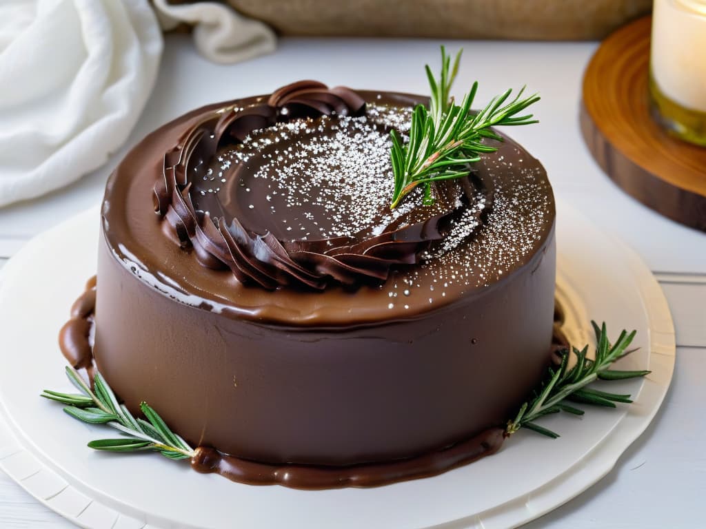  A closeup, ultradetailed image of a decadent chocolate olive oil cake topped with glossy ganache, sprinkled with flaky sea salt, and garnished with fresh rosemary sprigs on a sleek, modern white plate. The cake is rich and moist, showcasing a perfect crumb texture and a deep, dark chocolate color that contrasts beautifully with the vibrant green of the olive oilinfused rosemary. The image is captured with such precision that every tiny speck of salt and droplet of ganache glistens, inviting the viewer to indulge in the heavenly combination of flavors. hyperrealistic, full body, detailed clothing, highly detailed, cinematic lighting, stunningly beautiful, intricate, sharp focus, f/1. 8, 85mm, (centered image composition), (professionally color graded), ((bright soft diffused light)), volumetric fog, trending on instagram, trending on tumblr, HDR 4K, 8K