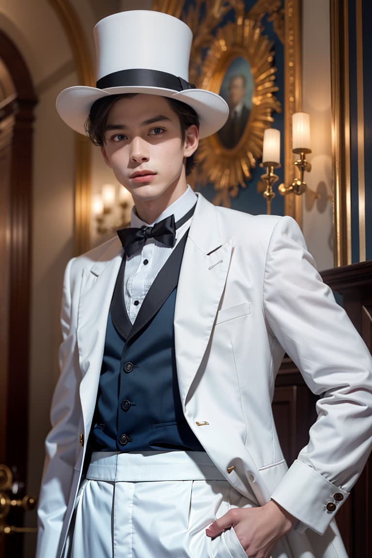  Best quality, masterpiece, ultra high res, (photorealistic:1.4), raw photo, (realistic skin), ((((masterpiece)))), best quality, very high resolution, ultra detailed, in frame, high school student, blue shirt, white tailcoat, monocle, white top hat, red tie, magician, young man, elegant, mysterious, charming smile, dapper, stylish, charismatic, handsome, well dressed, enchanting, sophisticated, theatrical, deep shadow, dramatic lighting