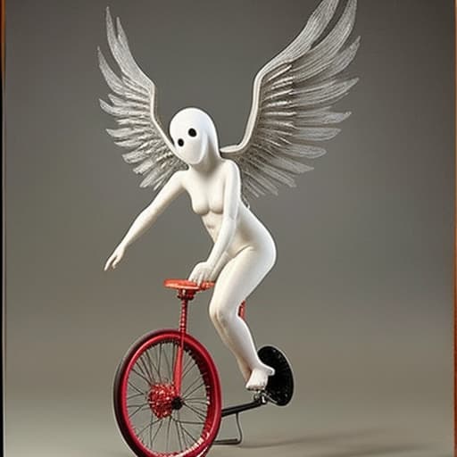  A naked ghost with wings riding a unicycle