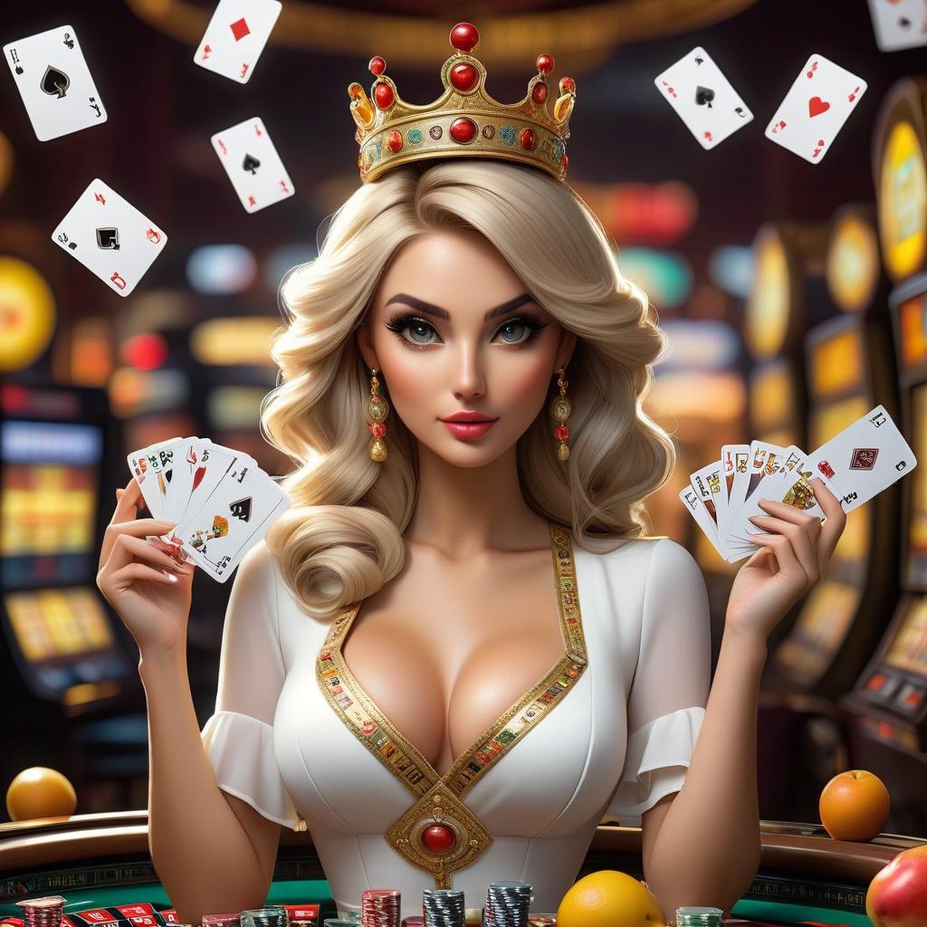  Incredibly beautiful girl. On her head, a crown in the form of a roulette table. In her right hand, several packs of money, in her left hand, a fan in the form of playing cards. In a white dress depicting various fruits, similar to slot machines in a casino and animals from game machines. hyperrealistic, full body, detailed clothing, highly detailed, cinematic lighting, stunningly beautiful, intricate, sharp focus, f/1. 8, 85mm, (centered image composition), (professionally color graded), ((bright soft diffused light)), volumetric fog, trending on instagram, trending on tumblr, HDR 4K, 8K