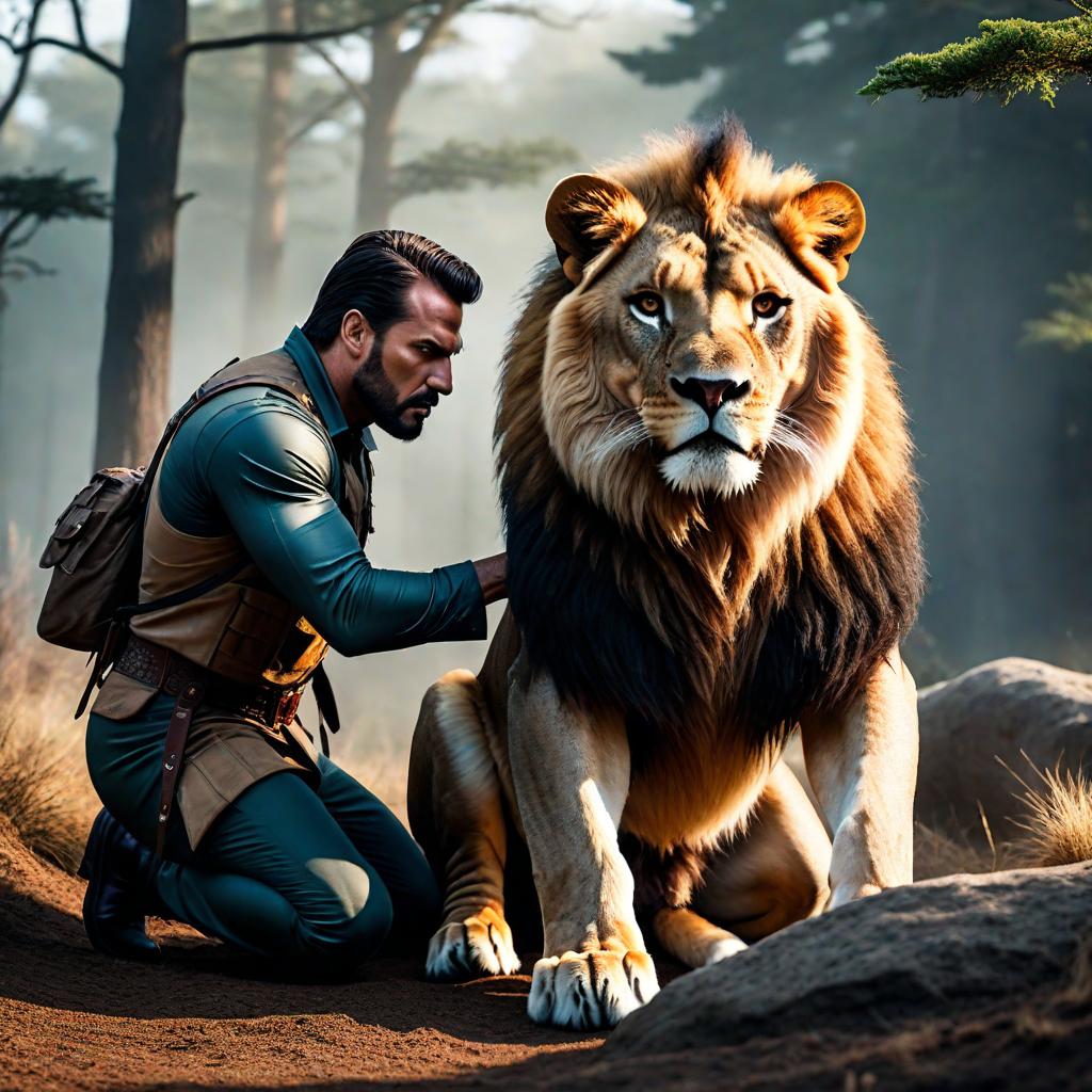  I guy who is stabbing a lion. hyperrealistic, full body, detailed clothing, highly detailed, cinematic lighting, stunningly beautiful, intricate, sharp focus, f/1. 8, 85mm, (centered image composition), (professionally color graded), ((bright soft diffused light)), volumetric fog, trending on instagram, trending on tumblr, HDR 4K, 8K