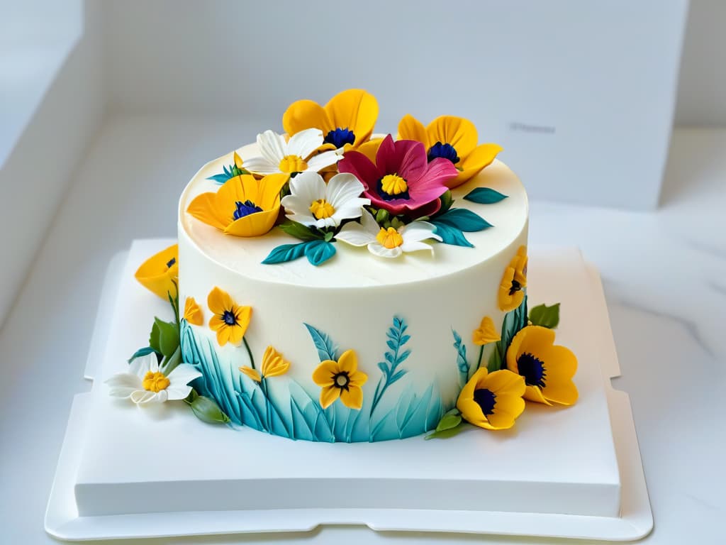  A photorealistic image of a pristine white fondant cake adorned with an array of vibrantly colored edible flowers and intricate designs made with edible food coloring. The cake sits on a marble countertop, with soft natural light illuminating its flawless details, showcasing the artistry and beauty of using edible colors in pastry creations. hyperrealistic, full body, detailed clothing, highly detailed, cinematic lighting, stunningly beautiful, intricate, sharp focus, f/1. 8, 85mm, (centered image composition), (professionally color graded), ((bright soft diffused light)), volumetric fog, trending on instagram, trending on tumblr, HDR 4K, 8K