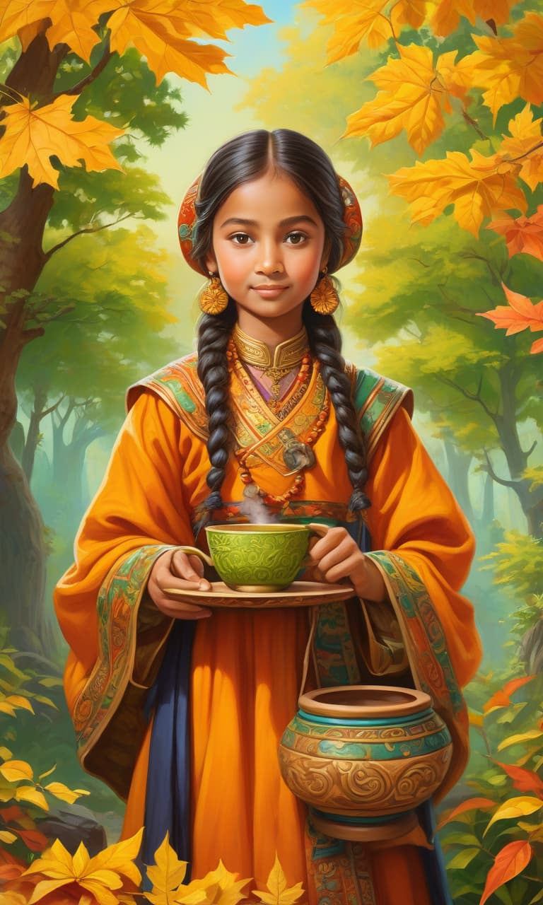  Painting depicting a place where inventions and adventures can be felt, a very detailed and deep image. A in ethnic clothing wants to drink from a cup. Use only three colors and their shades. [Creative Writing] In an ethnic inspired setting, a young dressed in traditional garments stands near a bright green tree, adorned with orange and yellow leaves. She holds a stone cup filled with fresh, blue water from a nearby stream. The bright shades of green, orange, and blue beautifully convey the sense of adventure and discovery. The rustic setting complements the vividness of the colors, creating a sense of familiarity and comfort. The 's excited expression, reflected in the cup's calm surface, showcases her anticipation. The delic hyperrealistic, full body, detailed clothing, highly detailed, cinematic lighting, stunningly beautiful, intricate, sharp focus, f/1. 8, 85mm, (centered image composition), (professionally color graded), ((bright soft diffused light)), volumetric fog, trending on instagram, trending on tumblr, HDR 4K, 8K