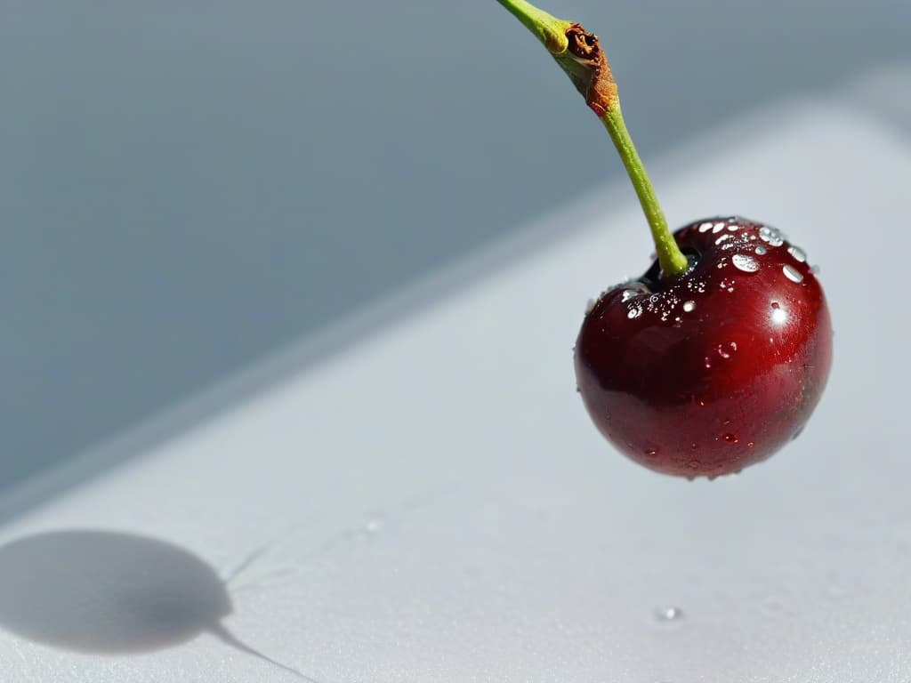  An ultradetailed 8k image of a single vibrant red cherry hanging from a thin green stem, with droplets of water glistening on its smooth surface. The cherry is perfectly ripe and plump, casting a subtle shadow on a clean, white background. The intricate details of the cherry's skin, the delicate water droplets, and the play of light and shadow create a visually stunning and captivating minimalistic composition that embodies the essence of sweet and tangy dried cherries. hyperrealistic, full body, detailed clothing, highly detailed, cinematic lighting, stunningly beautiful, intricate, sharp focus, f/1. 8, 85mm, (centered image composition), (professionally color graded), ((bright soft diffused light)), volumetric fog, trending on instagram, trending on tumblr, HDR 4K, 8K