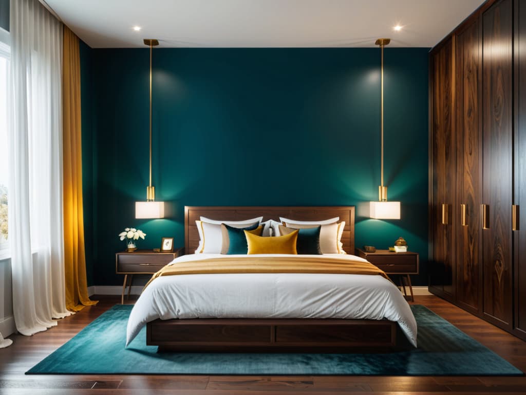  Create a modern bedroom interior design featuring a deep teal accent wall, a white wardrobe to the left, wooden nightstands, and a wooden headboard. Include glossy marble floors, a bed with earth toned bedding and yellow throw, minimalistic wall art, and sheer curtains. Cinematic photo, highly detailed, cinematic lighting, ultra detailed, ultrarealistic, photorealism, 8k.  hyperrealistic, full body, detailed clothing, highly detailed, cinematic lighting, stunningly beautiful, intricate, sharp focus, f/1. 8, 85mm, (centered image composition), (professionally color graded), ((bright soft diffused light)), volumetric fog, trending on instagram, trending on tumblr, HDR 4K, 8K