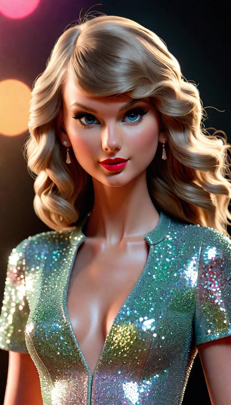  Professional 3D model of Taylor Swift wearing sparkly clothes . Rendered with Octane, the model is highly detailed,dramatic lighting. hyperrealistic, full body, detailed clothing, highly detailed, cinematic lighting, stunningly beautiful, intricate, sharp focus, f/1. 8, 85mm, (centered image composition), (professionally color graded), ((bright soft diffused light)), volumetric fog, trending on instagram, trending on tumblr, HDR 4K, 8K